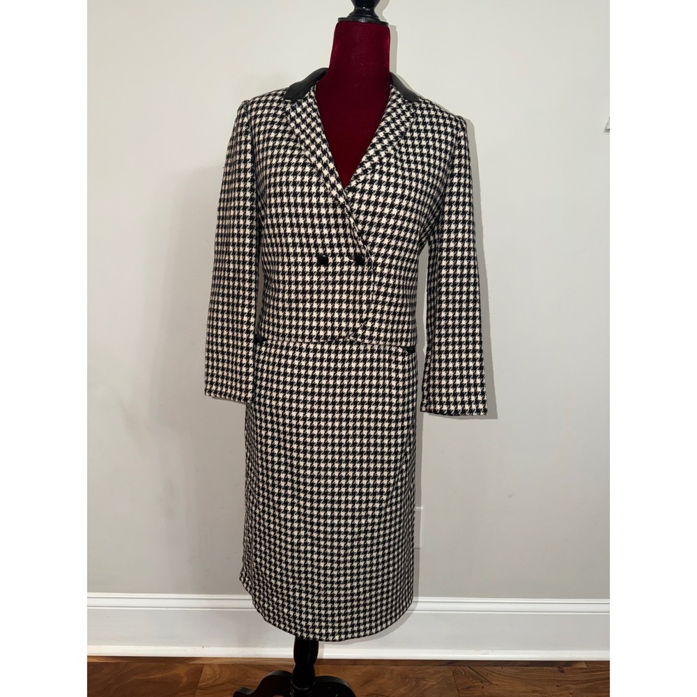 Florence Paris Vintage Houndstooth Wool Skirt Suit Leather Trim Made in France